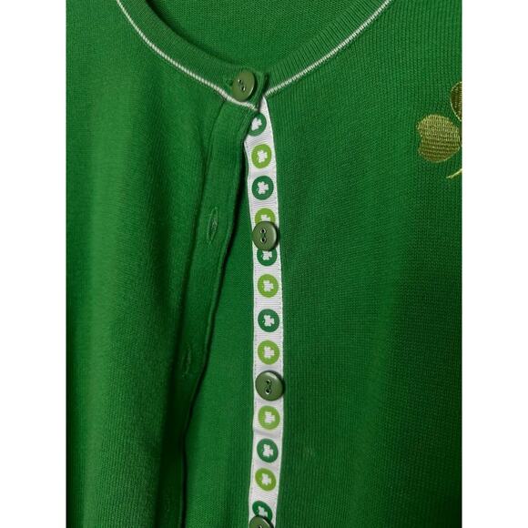 Vintage CJ BANKS Size 1X St Patricks Day Green Cardigan Sweater Clover Irish - Picture 2 of 9